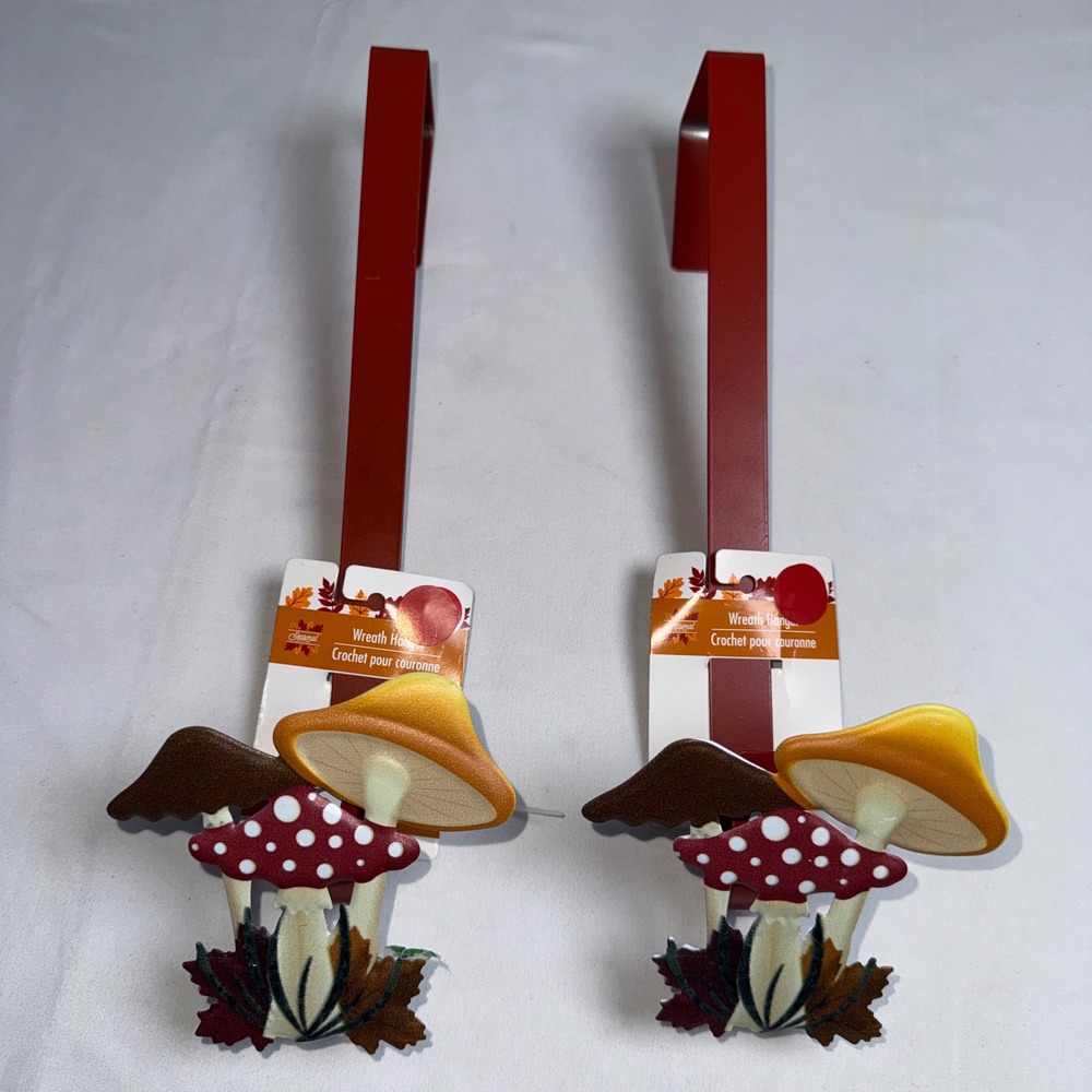 Seasonal Collection Mushroom Wreath Hanger Set of 2 Red Metal Fall Decor 15 Inch